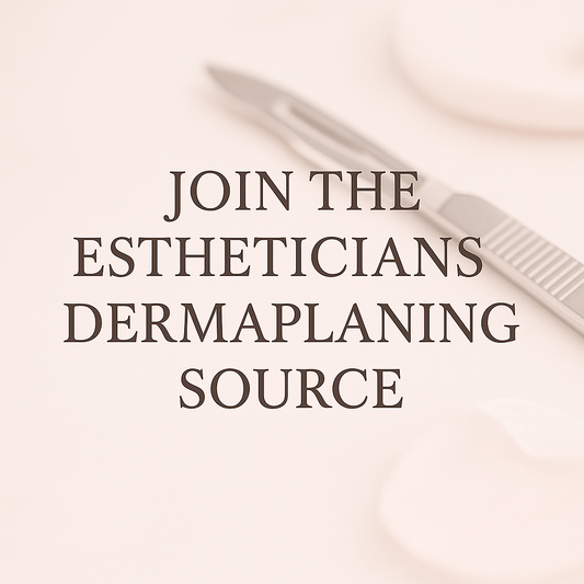Elegant blog thumbnail featuring dermaplaning scalpel on a soft blush spa background with the text 'Join the Estheticians Dermaplaning Source' — promoting a professional esthetician community by Advanced Esthetic Training.