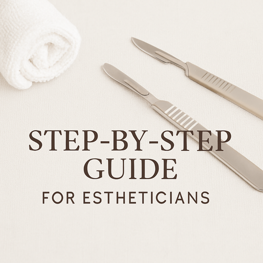 Professional dermaplaning tools on a beige spa background with clean typography reading ‘Step-by-Step Guide for Estheticians’. Minimal, elegant design representing skincare education and dermaplaning training for licensed estheticians.