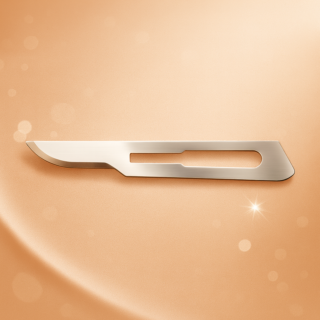 High-quality #15 surgical blade made of stainless steel, displayed on a clean ivory spa background with soft lighting — professional dermaplaning tool for estheticians