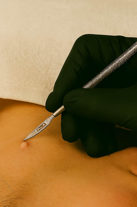 Professional esthetician performing an acne extraction with a sterile lancet blade — demonstrating safe and precise technique in a clean, spa-like environment to remove impurities and improve skin clarity.