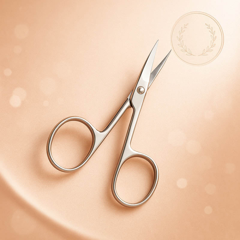 Professional stainless steel all-purpose esthetician scissors displayed upright on a white marble platform with a warm beige luxury background, high-end minimalist design for Shopify product thumbnail