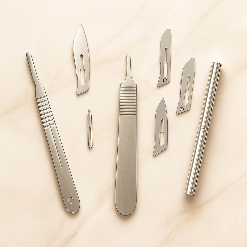 Professional dermaplaning tools including stainless steel handles and various surgical blades arranged neatly on a soft beige marble spa surface under warm lighting, luxury minimalist design for esthetician