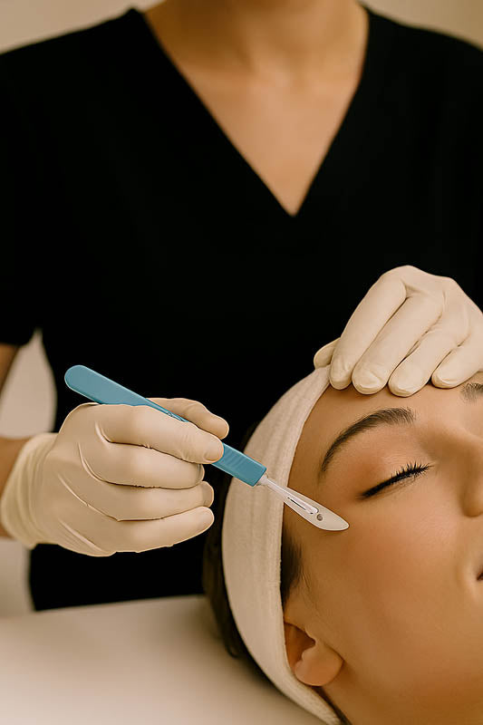 Professional esthetician performing a dermaplaning treatment using a disposable blade handle on a client’s face — clean, precise, and hygienic skincare procedure in a luxury spa setting, emphasizing safety and professional results.