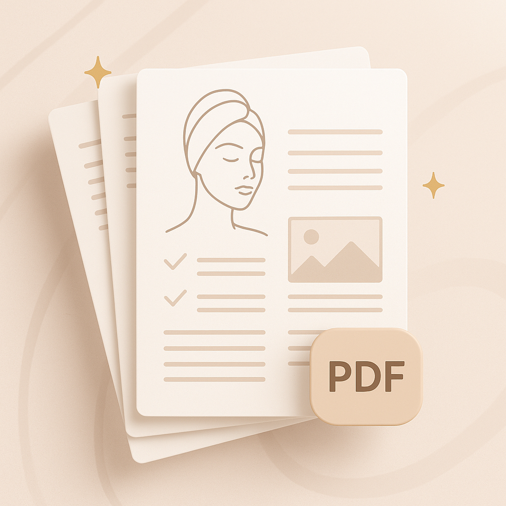 Luxury aesthetic mockup representing customizable lead magnets and client education PDFs for estheticians.