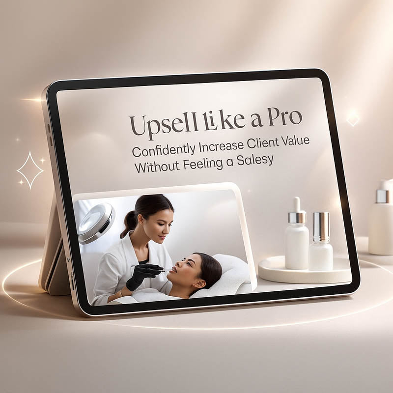Upsell Like a Pro esthetician course mockup featuring tablet and phone devices on a clean, luxury spa background