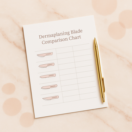 Printable dermaplaning blade guide with illustrated blade shapes on a luxe marble surface.