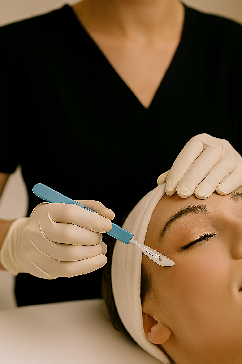 Professional esthetician performing a dermaplaning treatment using a disposable blade handle on a client’s face — clean, precise, and hygienic skincare procedure in a luxury spa setting, emphasizing safety and professional results.