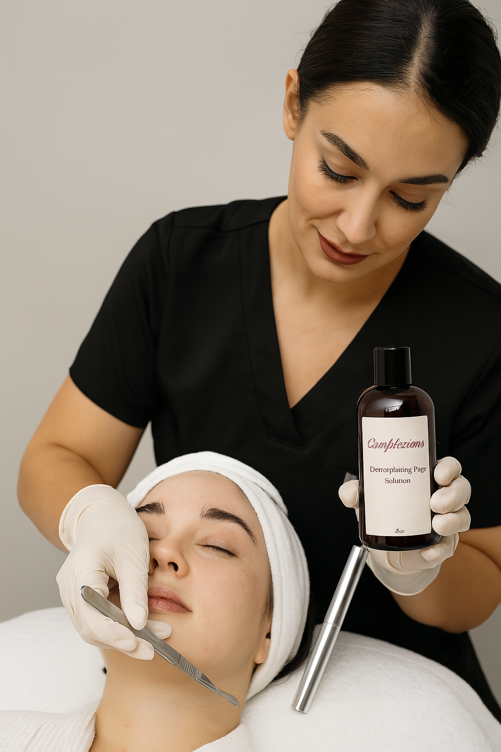 Licensed esthetician applying Complexions Dermaplaning Prep Solution to a client’s skin before treatment in a modern spa setting, demonstrating professional skincare preparation technique.