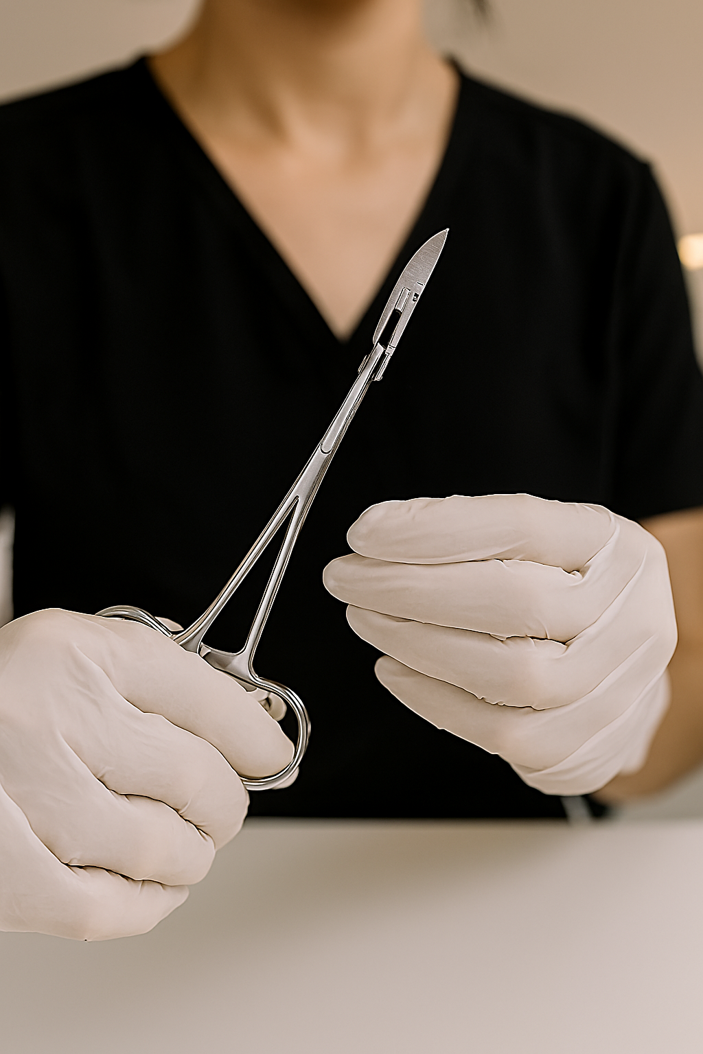 Licensed esthetician using stainless steel hemostatic forceps during a dermaplaning treatment in a clean, professional spa setting, demonstrating precision, safety, and advanced skincare technique