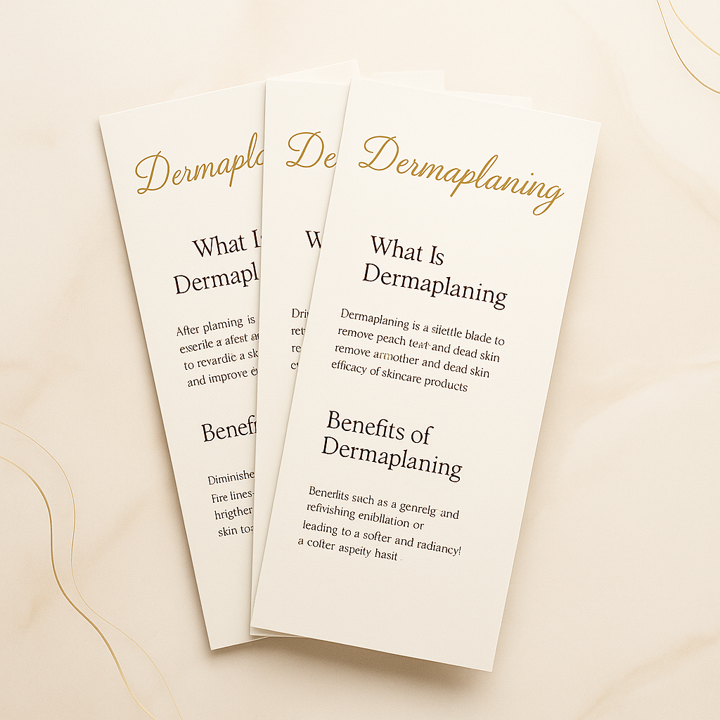 Elegant dermaplaning rack cards for estheticians, featuring luxury gold and blush design highlighting ‘What Is Dermaplaning’ and ‘Benefits of Dermaplaning,’ displayed on a marble background