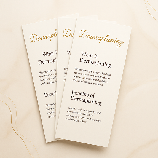 Elegant dermaplaning rack cards for estheticians, featuring luxury gold and blush design highlighting ‘What Is Dermaplaning’ and ‘Benefits of Dermaplaning,’ displayed on a marble background