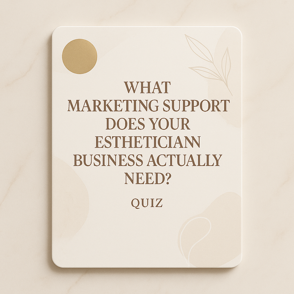 Minimal luxury digital product mockup for estheticians showing a marketing quiz download, styled with soft spa-toned gradients and high-end beauty aesthetics.
