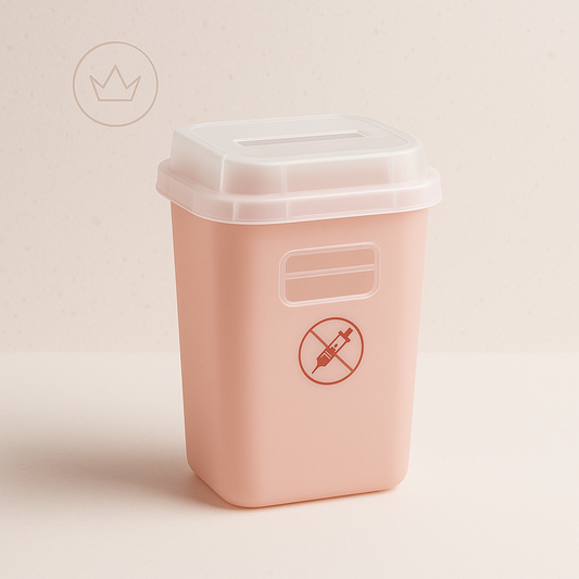 Elegant sharps container for estheticians displayed with soft gold lighting and spa-inspired luxury aesthetic