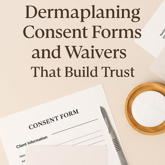 Elegant spa-inspired flat lay featuring dermaplaning tools, consent form papers, and neutral beige tones — representing professional dermaplaning consent forms, esthetician spa waivers, and skincare documentation for licensed skincare professionals.