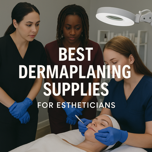 Dermaplaning treatment demonstration with estheticians and professional dermaplaning supplies including blades, handles, and prep tools