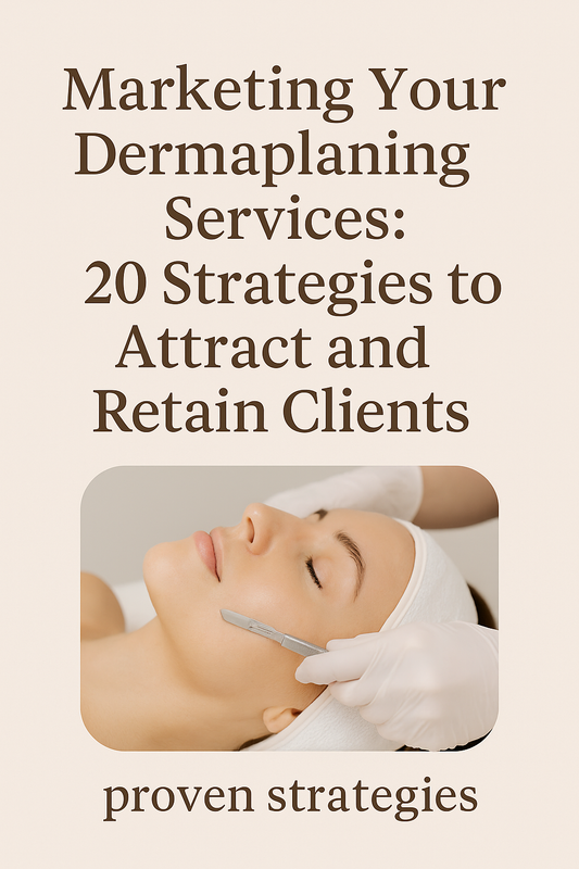 Dermaplaning marketing blog thumbnail showing esthetician performing a dermaplaning treatment on a relaxed client in a luxury spa setting, with soft beige tones and minimal design — representing professional skincare marketing strategies for estheticians
