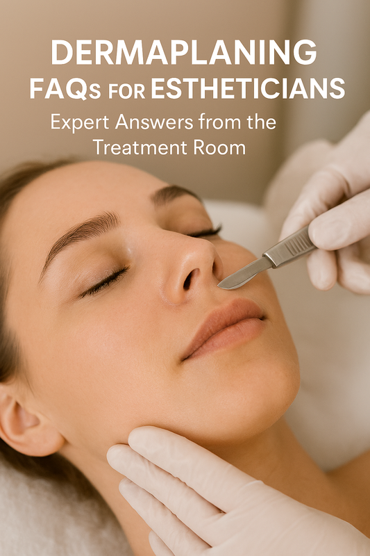 Esthetician performing dermaplaning treatment on female client in spa setting with soft pastel tones, showcasing skincare procedure for professional beauty blog