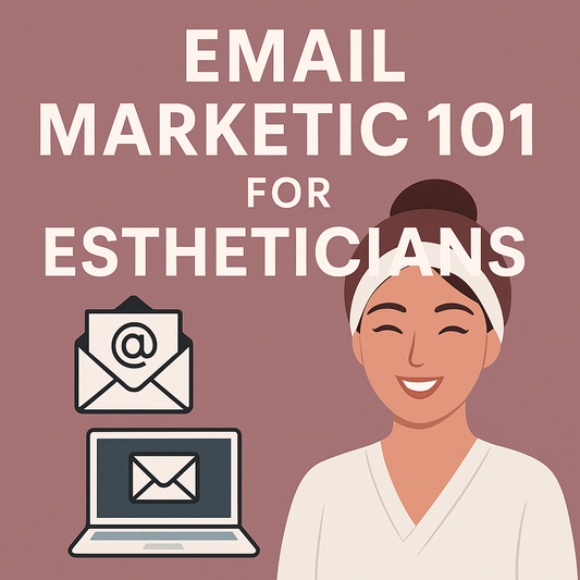Email Marketing 101 for Estheticians blog thumbnail featuring a smiling esthetician illustration with email and laptop icons on a mauve background
