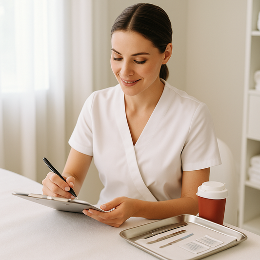 Esthetician reviewing landing page notes on a digital tablet beside neatly arranged dermaplaning tools in a luxury spa setting with soft neutral tones