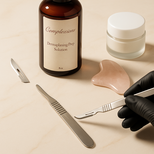 Elegant spa-inspired blog thumbnail showing dermaplaning tools and skincare products arranged in a luxury treatment setting, representing how to overcome client objections about dermaplaning
