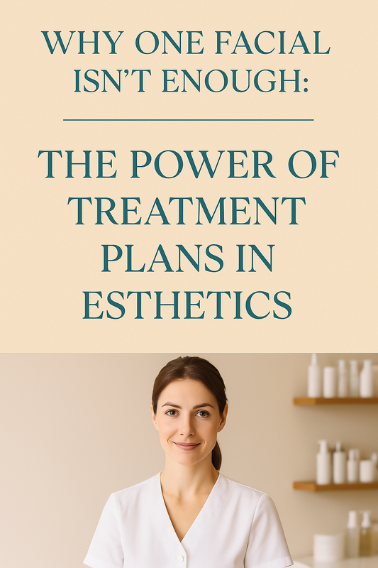 Professional esthetician smiling in a modern spa setting beneath blog title ‘Why One Facial Isn’t Enough: The Power of Treatment Plans in Esthetics,’ representing expert skincare education and client retention strategies for beauty professionals