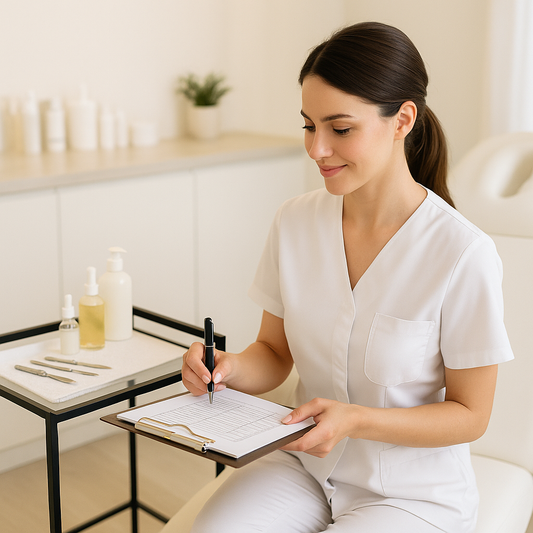 Esthetician reviewing dermaplaning service pricing and treatment planning in a modern luxury spa, representing profitable spa pricing strategy