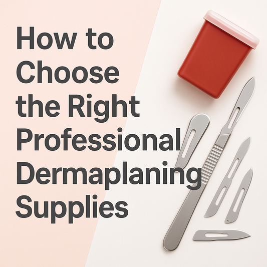 Blog thumbnail with dermaplaning blades and a red sharps container on a blush and white background beside the title 'How to Choose the Right Professional Dermaplaning Supplies' — modern spa aesthetic for estheticians.
