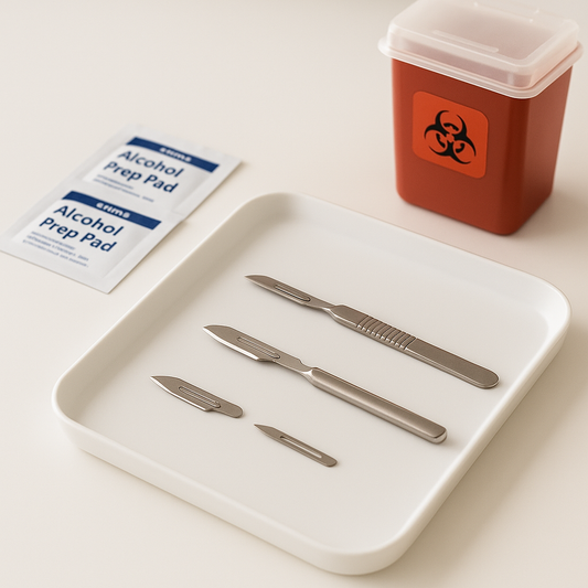 Dermaplaning blades and tools displayed in a modern spa setup, showing correct supplies estheticians use to avoid common dermaplaning mistakes.