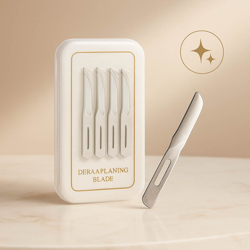 Premium dermaplaning blades displayed on a blush-toned marble surface with soft lighting and gold accents, evoking elegance and high-end skincare tools for professional estheticians.