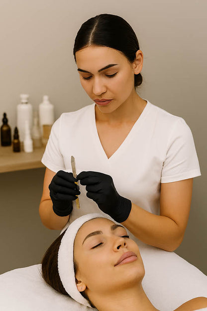 Woman receiving a dermaplaning  treatment from an Esthetician in a clinical setting.