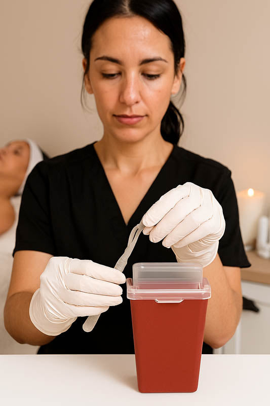 Professional esthetician safely disposing of a used #10 dermaplaning blade into a sharps container — demonstrating proper hygiene, safety, and sanitation practices in a clean, spa-like skincare treatment environment.