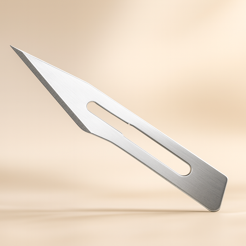 Professional stainless steel extraction lancet blade displayed on a soft blush background — precision-pointed, polished tool designed for safe and controlled blemish extraction, ideal for licensed estheticians and professional skincare treatments.