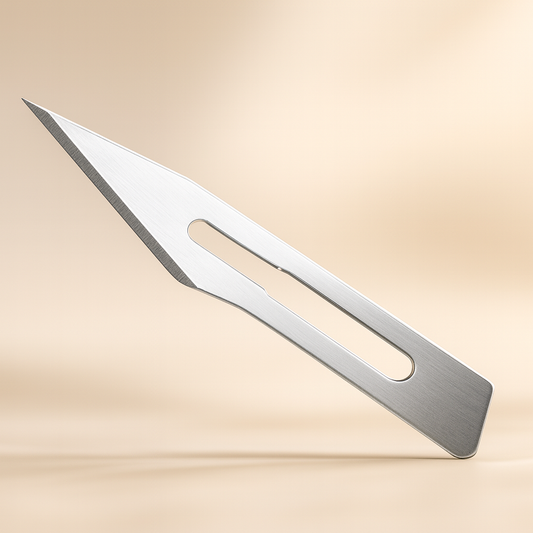 Professional stainless steel extraction lancet blade displayed on a soft blush background — precision-pointed, polished tool designed for safe and controlled blemish extraction, ideal for licensed estheticians and professional skincare treatments.