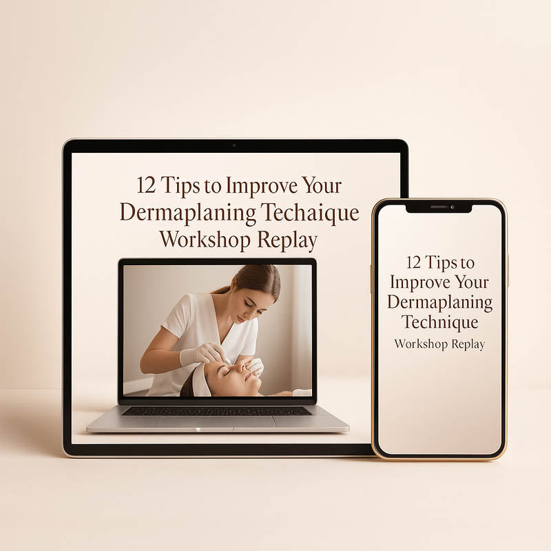 Premium digital training preview featuring dermaplaning technique workshop displayed on devices in elegant, soft lighting.