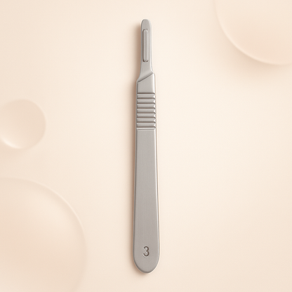 Luxury #3 stainless steel dermaplaning handle displayed on a soft blush background — engraved with “3” near the base, featuring a polished, ergonomic design ideal for estheticians and professional skincare treatments, styled for high-end Shopify product listings.