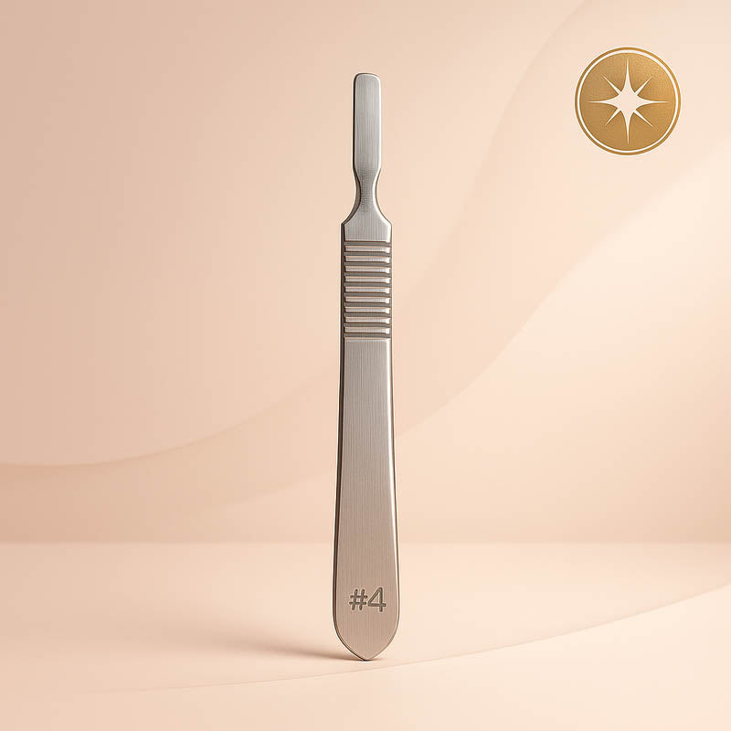 Luxury #4 stainless steel dermaplaning handle displayed on a soft blush background — engraved with “#4” near the base, showcasing a polished, ergonomic design ideal for professional estheticians and spa treatments, styled for high-end Shopify skincare product listings.