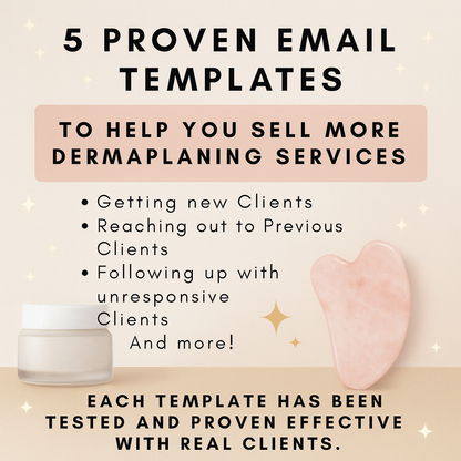 Dermaplaning email templates promotional graphic showing text about client outreach, follow-up, and proven marketing emails for estheticians, displayed with spa-themed visuals including a cream jar and rose quartz tool on a neutral background