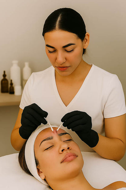 Professional esthetician performing extractions using cotton tipped applicators in a clean spa environment, highlighting precision technique, hygiene, and professional skincare practices.