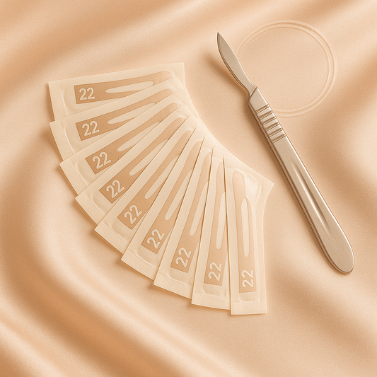 Luxury #22 dermaplaning blade kit for estheticians displayed on a champagne satin background with a polished stainless steel handle and individually wrapped blades arranged in a fan — elegant high-end spa aesthetic optimized for Shopify skincare product listing