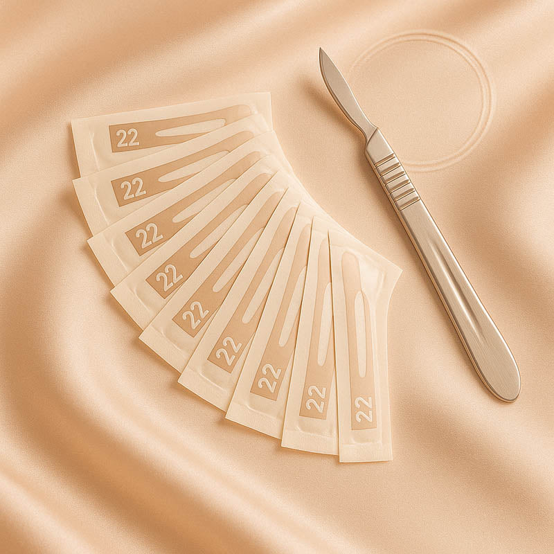 Luxury #22 dermaplaning blade kit for estheticians displayed on a champagne satin background with a polished stainless steel handle and individually wrapped blades arranged in a fan — elegant high-end spa aesthetic optimized for Shopify skincare product listing