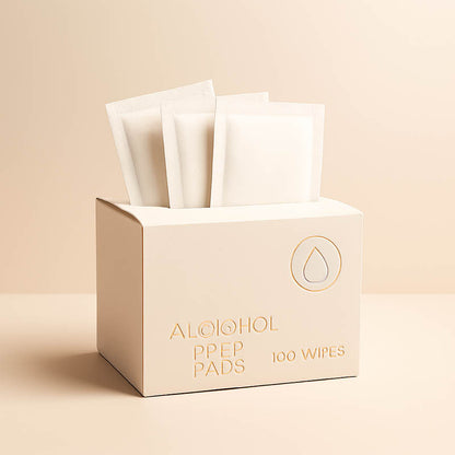 Box of 100 sterile alcohol prep pads used by estheticians for skin disinfection before dermaplaning treatments