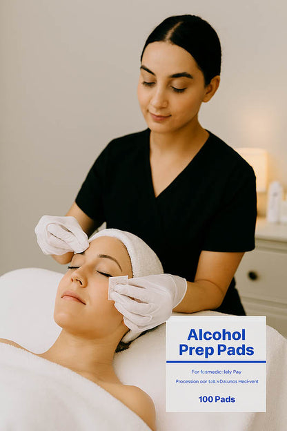 Esthetician cleansing a client’s face with an alcohol prep pad to sanitize and prepare the skin for a professional dermaplaning treatment
