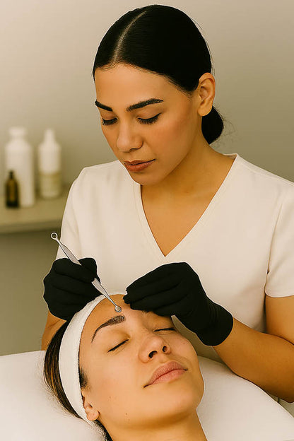 Professional esthetician performing extractions with a stainless steel comedone extractor on a client’s skin — clean, clinical spa setting showcasing expert technique, hygiene, and effective blemish removal for clear, healthy skin results.