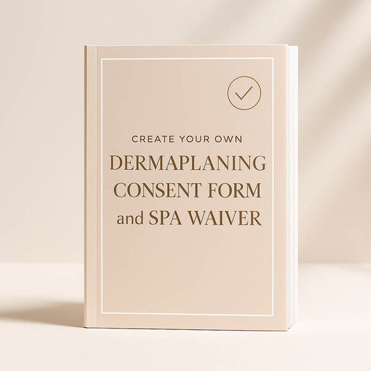 Digital dermaplaning consent form and spa waiver workbook for estheticians displayed in elegant neutral spa tones with soft lighting, representing professional online esthetician training and client documentation resources.