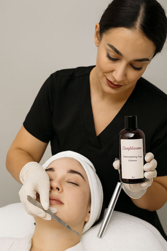 Licensed esthetician applying Complexions Dermaplaning Prep Solution to a client’s skin before treatment in a modern spa setting, demonstrating professional skincare preparation technique.