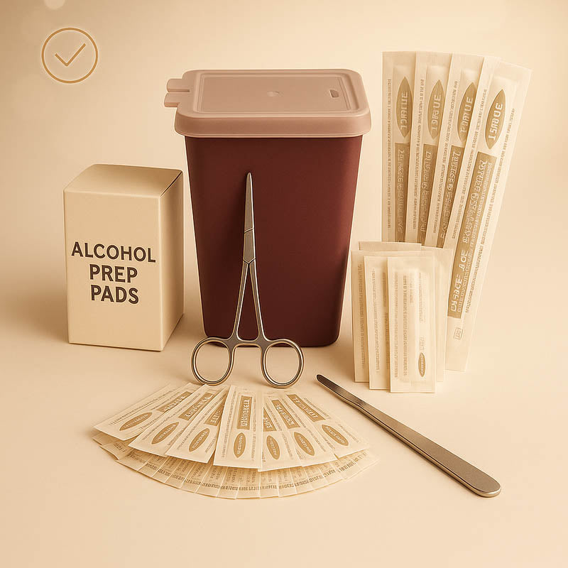 Luxury dermaplaning blade kit deluxe for estheticians displayed on a soft cream background with a burgundy sharps container, alcohol prep pads, sterile dermaplaning blades, and stainless steel tools arranged neatly — high-end spa aesthetic, ideal Shopify product image for skincare professionals.