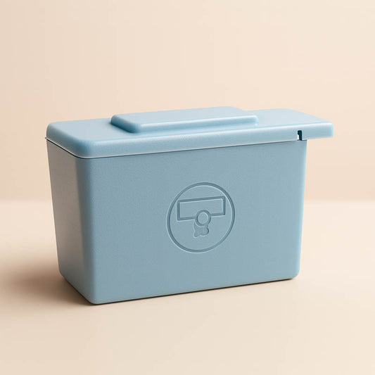 Blue surgical blade remover box for estheticians used to safely dispose of dermaplaning blades in professional skincare treatments.