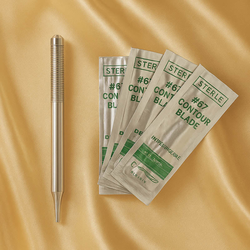 Luxury dermaplaning contour blade kit for estheticians featuring a polished stainless steel handle and four #67 contour blades arranged on a champagne satin background — elegant, high-end spa aesthetic ideal for professional skincare Shopify product listings.