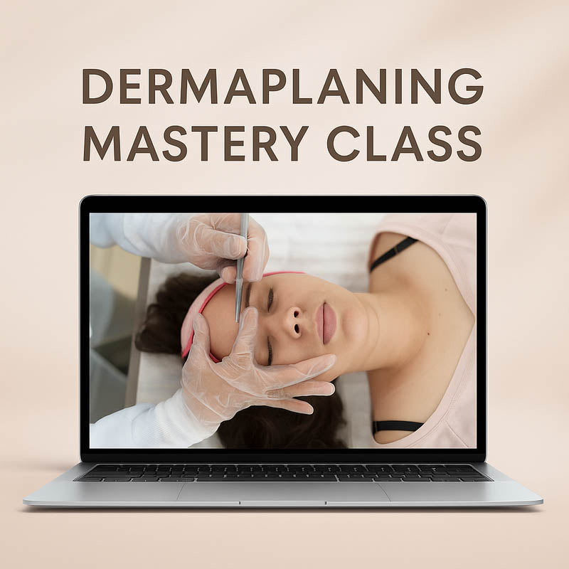 Dermaplaning Mastery online course mockup with devices displayed over an esthetician performing a dermaplaning treatment on a client.