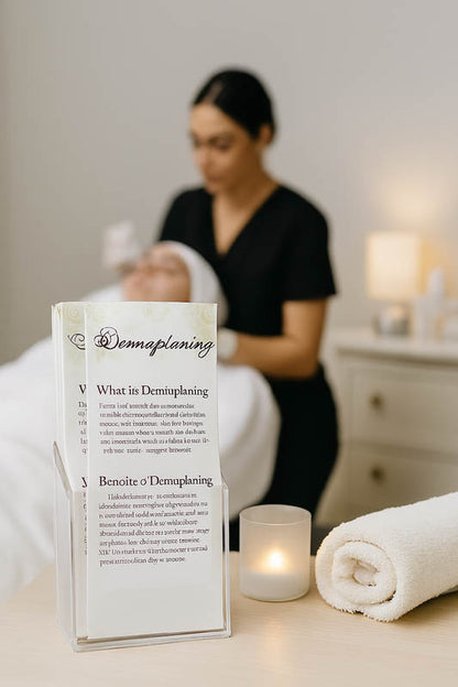 Dermaplaning informational rack cards elegantly arranged in a spa environment beside skincare products and towels, promoting professional facial services and client education.